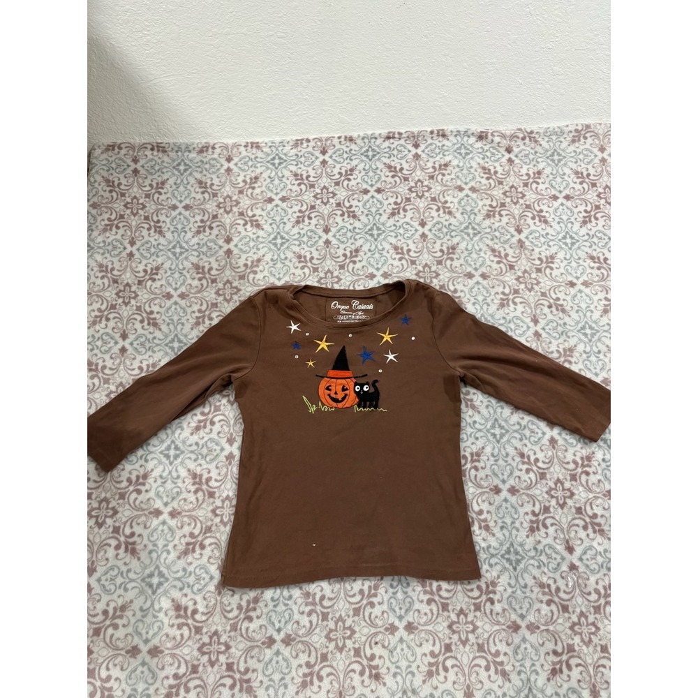 Onque Casuals Womens Small Brown Halloween Pumpkin Black Cat Rhinestone Top
